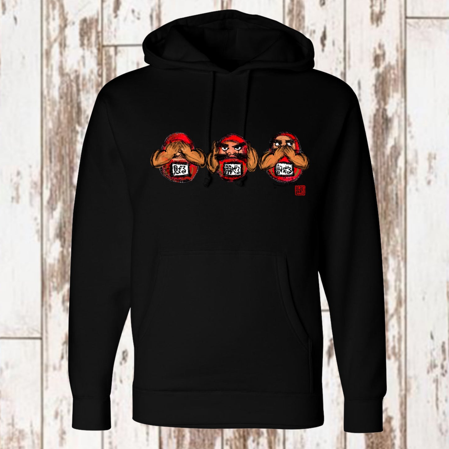 Japanese Calligrapher Dragon Ikka designed Unisex -See no evil, Hear no evil, Speak no evil Daruma version- 見ざる　聞かざる　言わざるHoodie